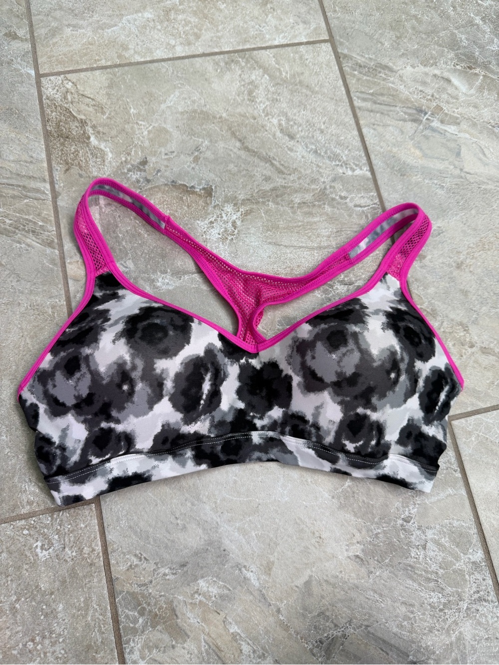 SO Black & White Floral Sports Bra with Pink Mesh Trim